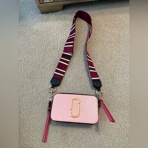 Marc Jacobs Snapshot Pink Crossbody Bag with Burgundy Strap